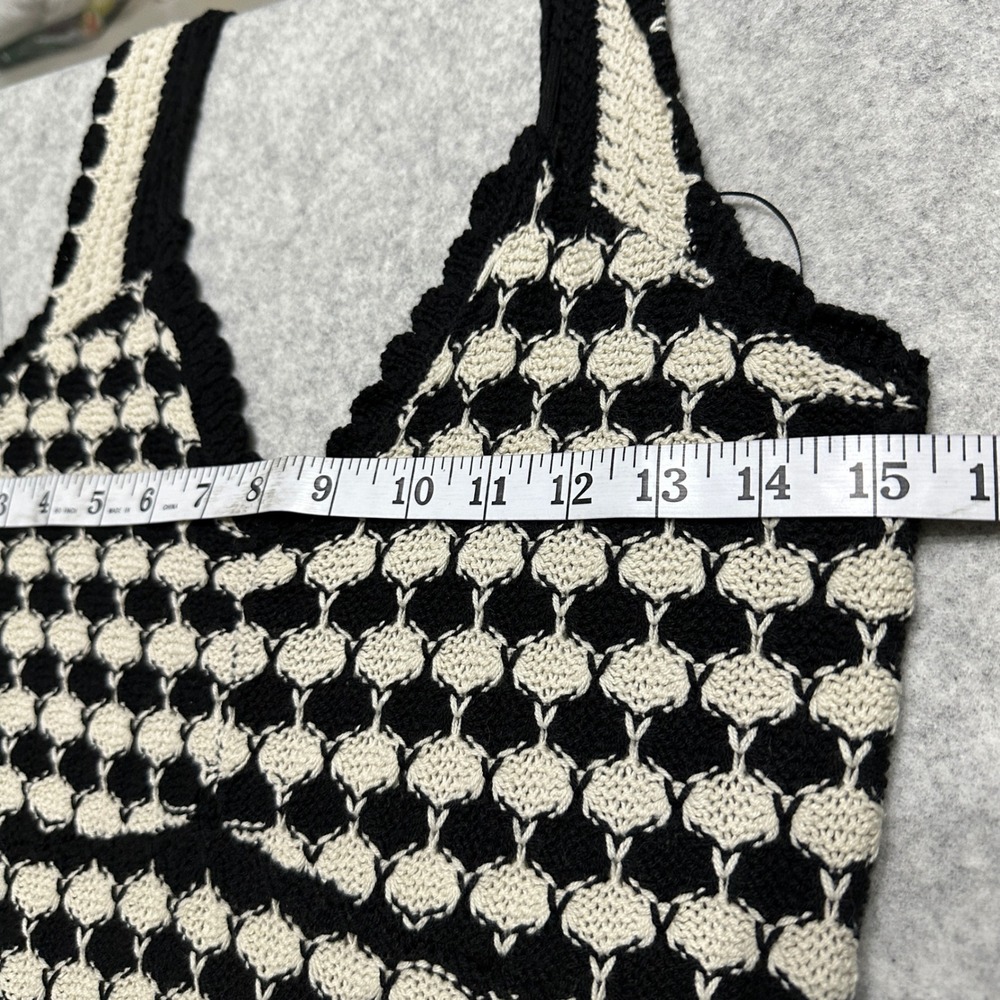 Miou Muse Crochet Knit Maxi Dress Ruffle Straps Retro Black Cream Honeycomb Boho - Picture 8 of 13